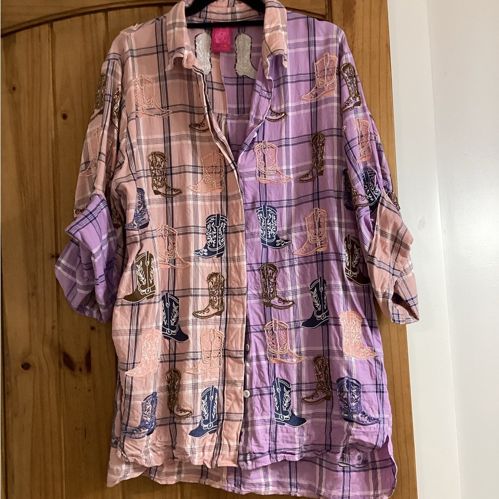 QUEEN OF SPARKLES Pink & Lavender Plaid Tunic with Boot Print